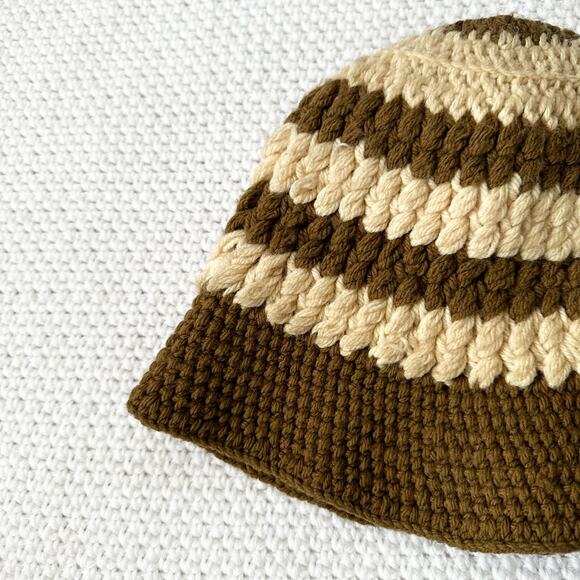 Handmade Crochet Brown Beige Tan Stripe Bucket Hat One Size Boho - Picture 6 of 10